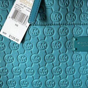 New with tags Michael Kors Emerald Blue Embossed MK Fabric tote